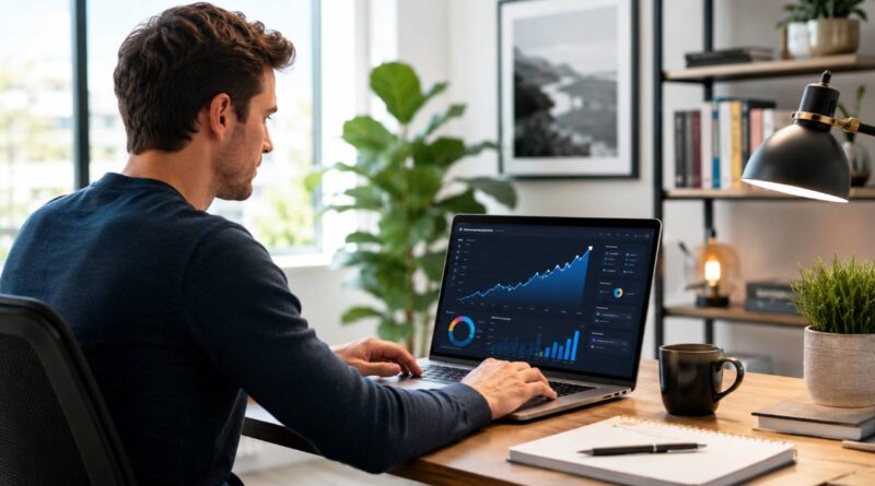 Affiliate marketing for beginners — building an affiliate website on a laptop with rising earnings