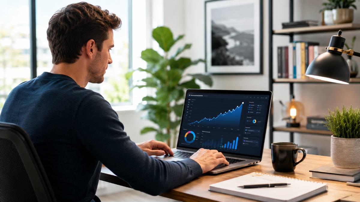 Affiliate marketing for beginners — building an affiliate website on a laptop with rising earnings