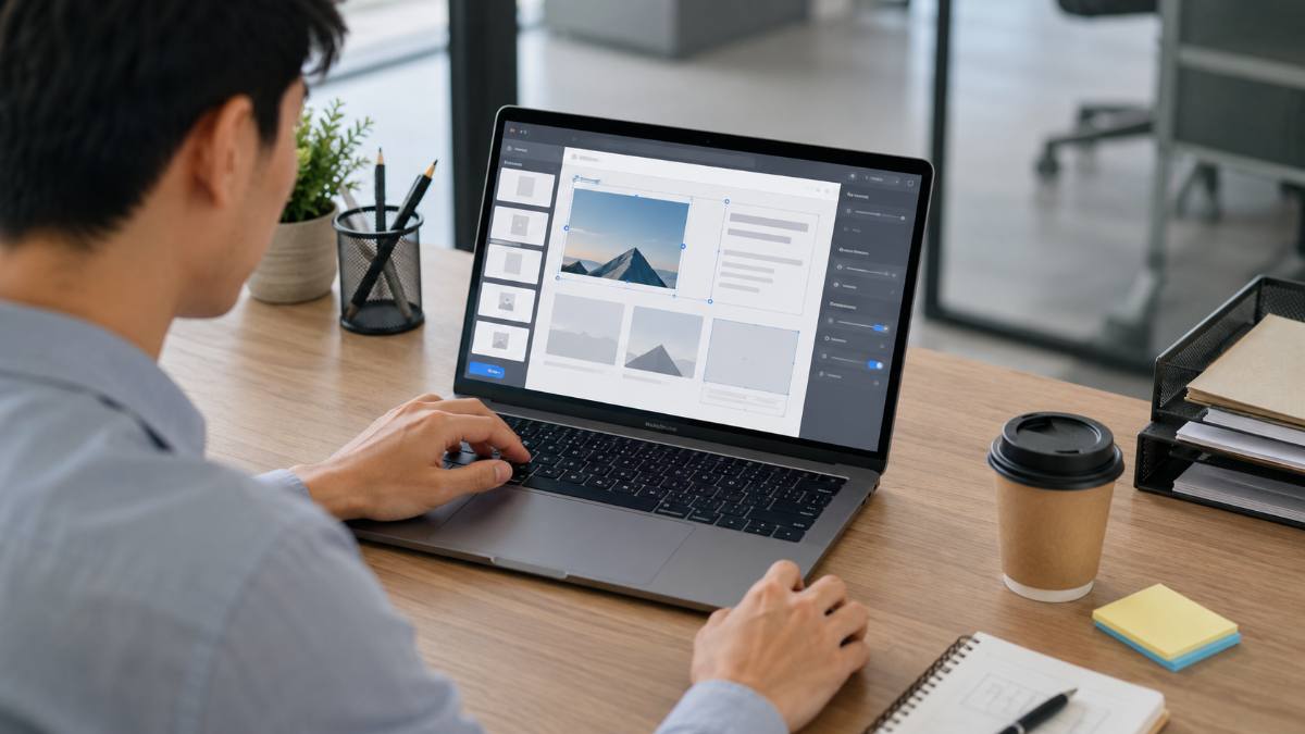 AI website builder drag-and-drop editor assembling a website from modular blocks