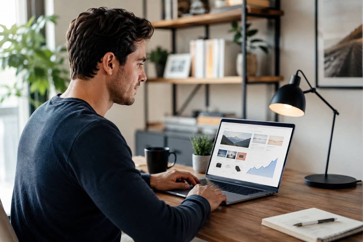 Affiliate website with AI: building it on a laptop showing rising earnings