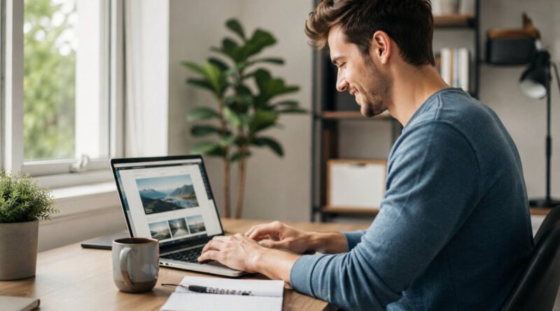 Beginner building a website with Hostinger on a laptop in a home office