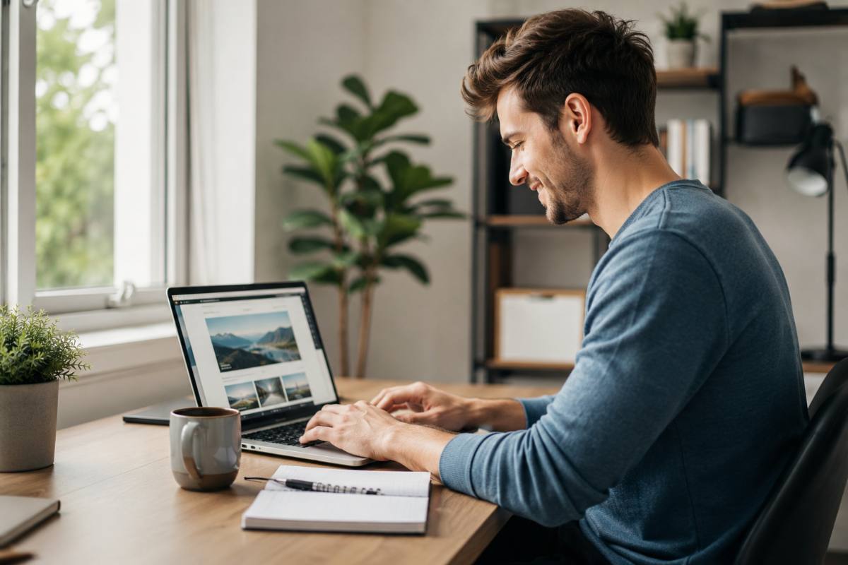 Beginner building a website with Hostinger on a laptop in a home office