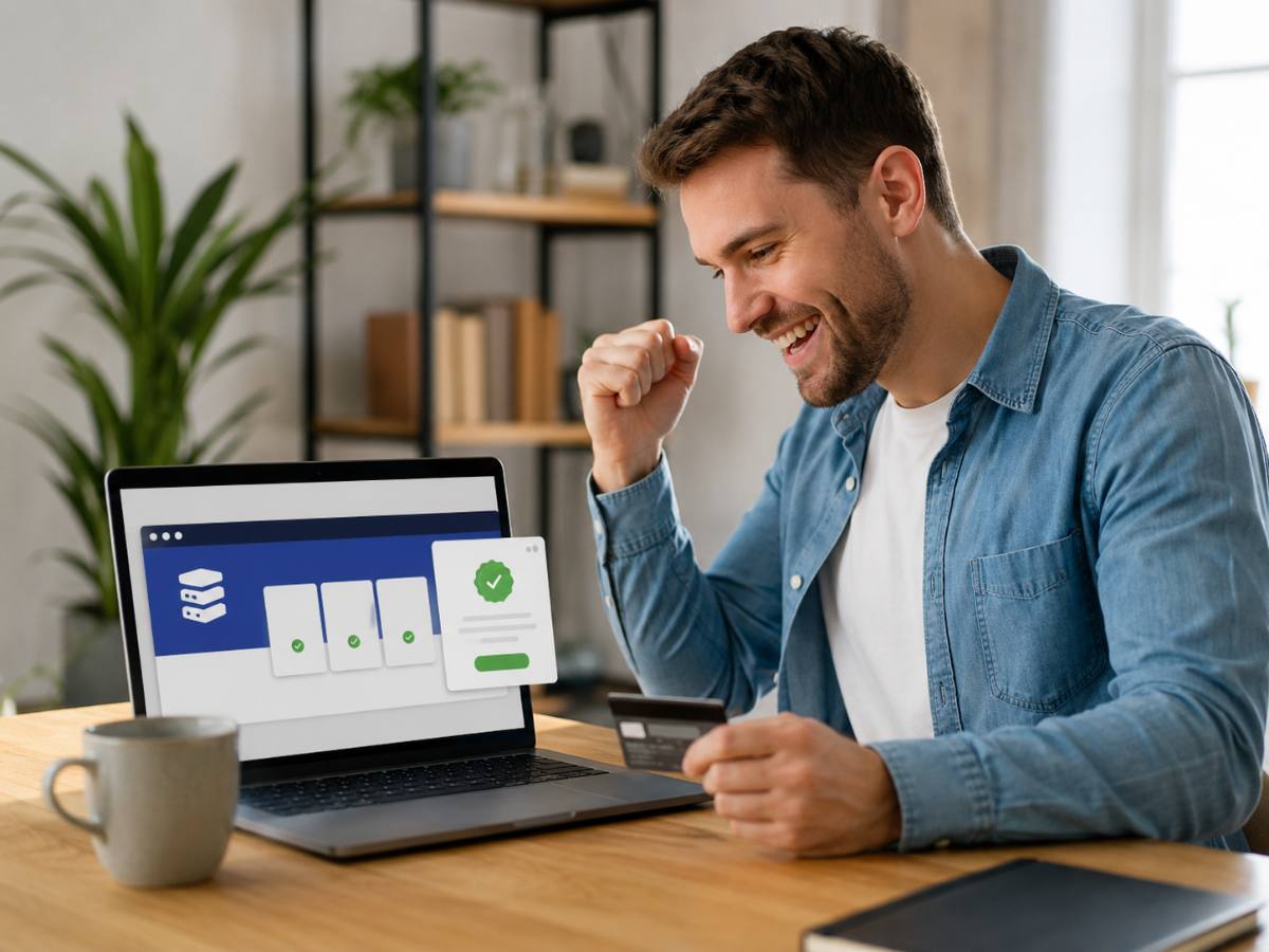 Beginner grabbing a website-building deal and setting up a site on a laptop