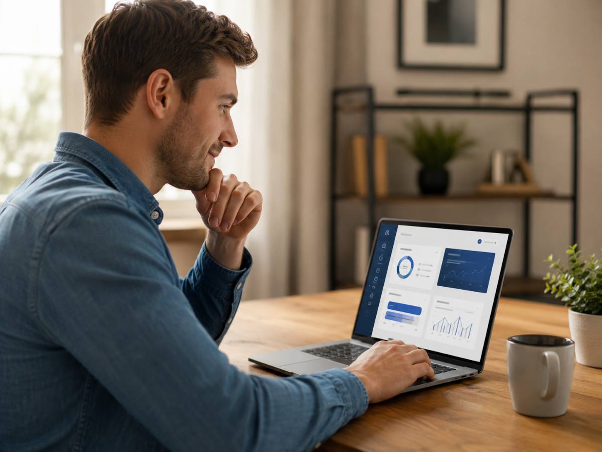 Hosting for affiliate marketing: choosing a plan on a laptop in a home office