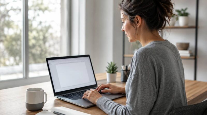 Writing SEO blog posts with AI on a laptop at a bright desk