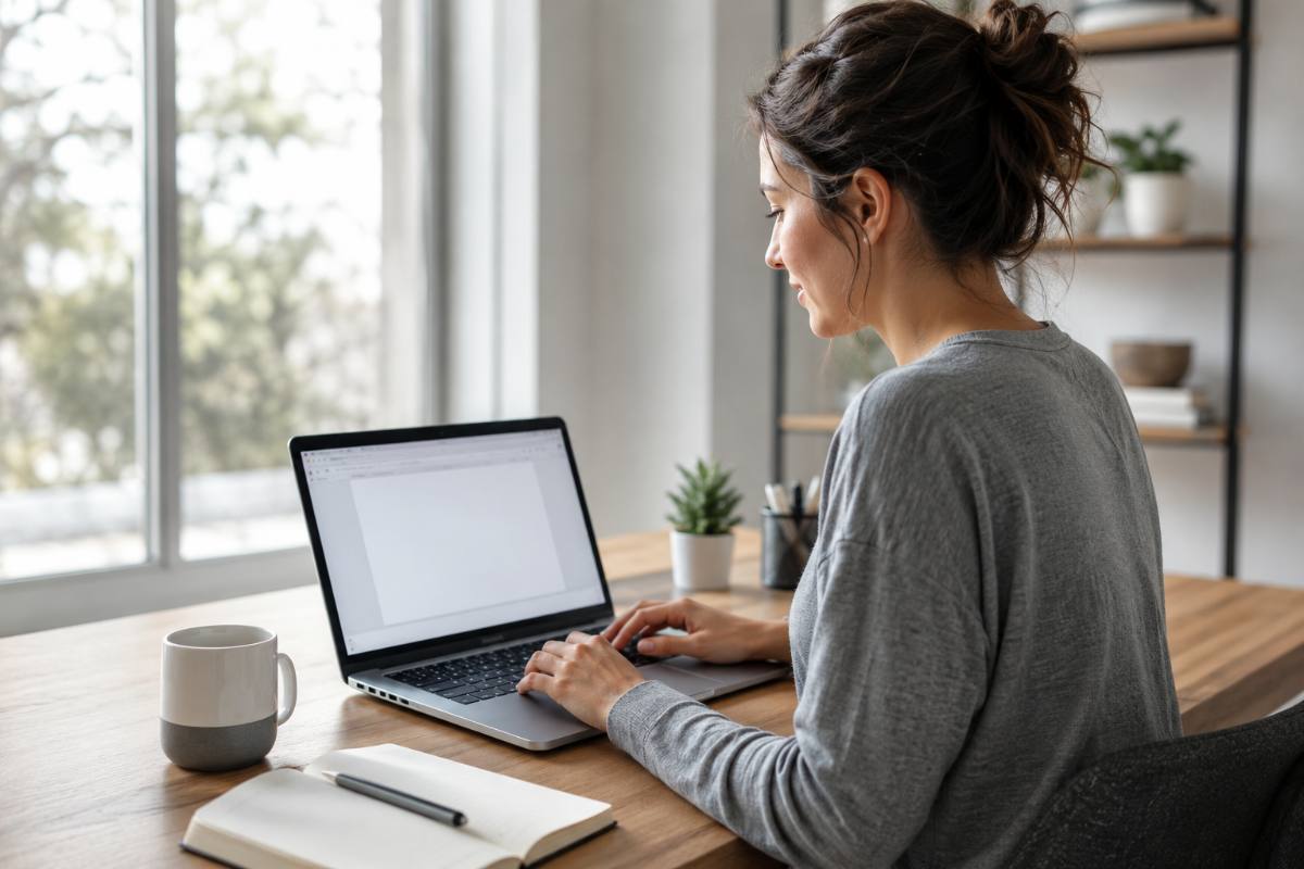 SEO blog posts: writing one with AI on a laptop at a bright desk