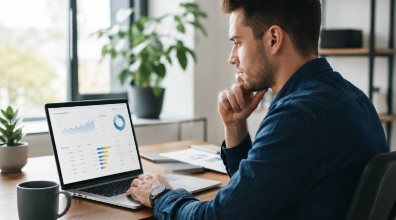 Researching SEO keywords and analytics on a laptop