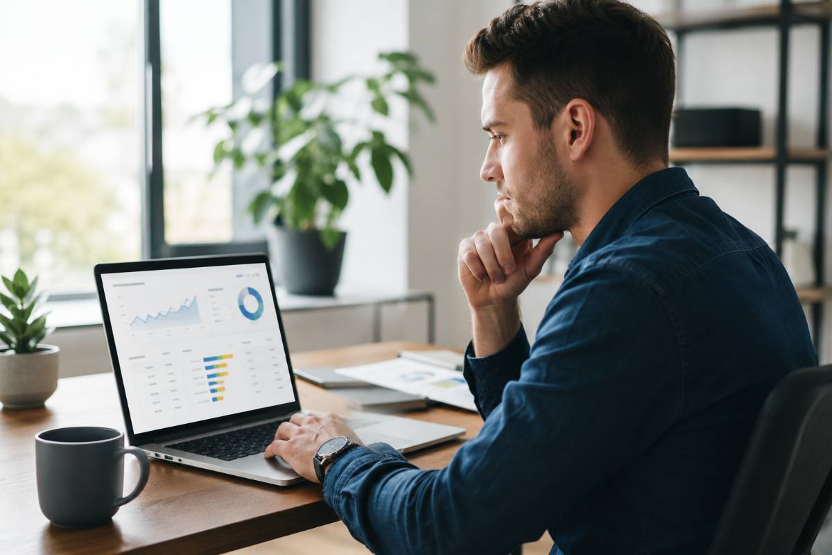 Researching SEO keywords and analytics on a laptop