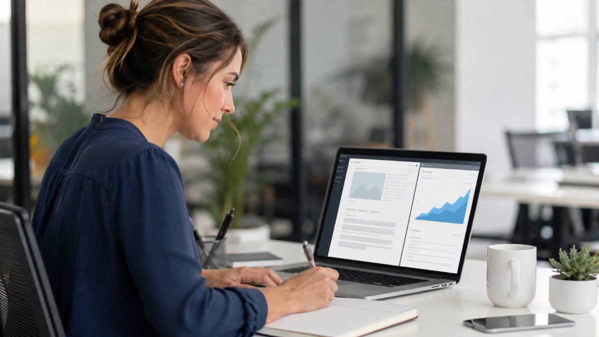 SEO content for beginners: an American woman writing SEO content on a laptop with a rising traffic graph