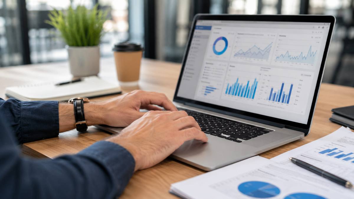 SEO content keyword research on a laptop with charts and a notebook