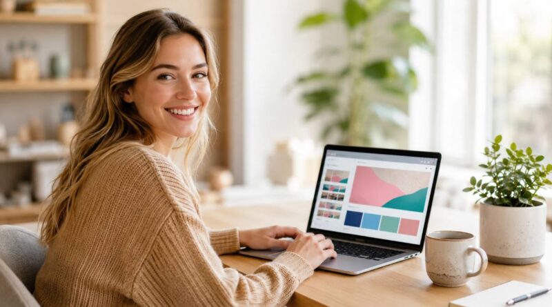 Beginner happily building their first website with AI on a laptop