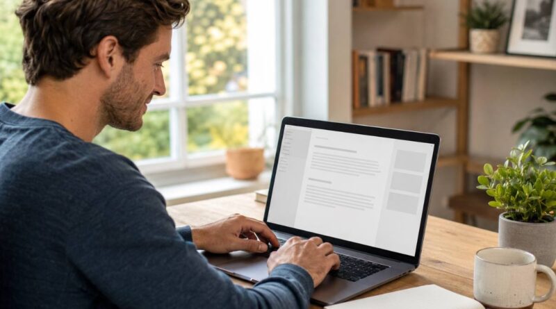 Writing a first blog post in WordPress on a laptop