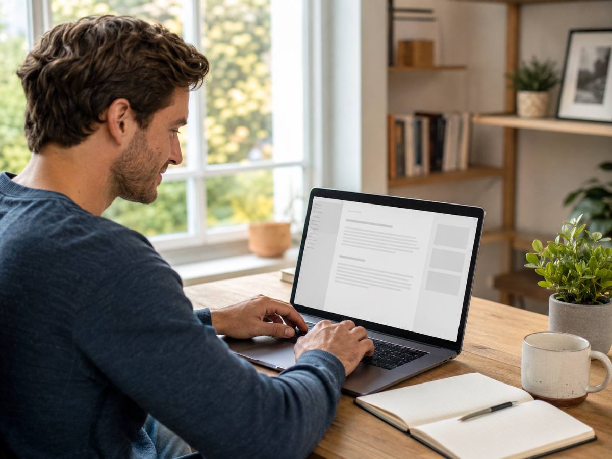 Writing a first blog post in WordPress on a laptop