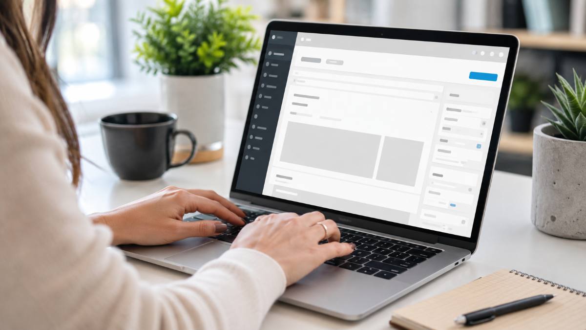 Close-up of editing a WordPress blog in the block editor on a laptop