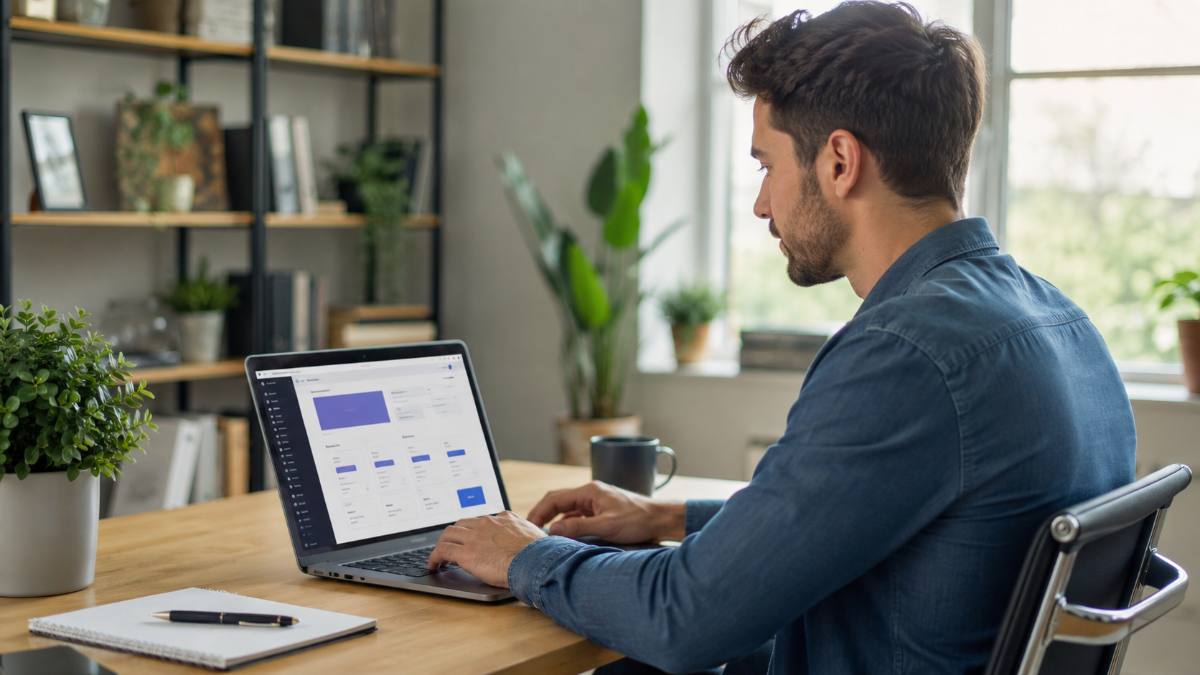 WordPress for beginners: an American man building a WordPress website on a laptop