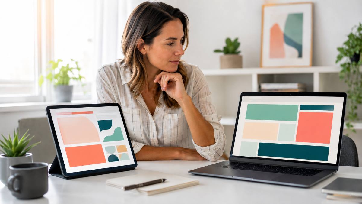 Choosing between the best Elementor themes on a tablet and laptop at a white desk