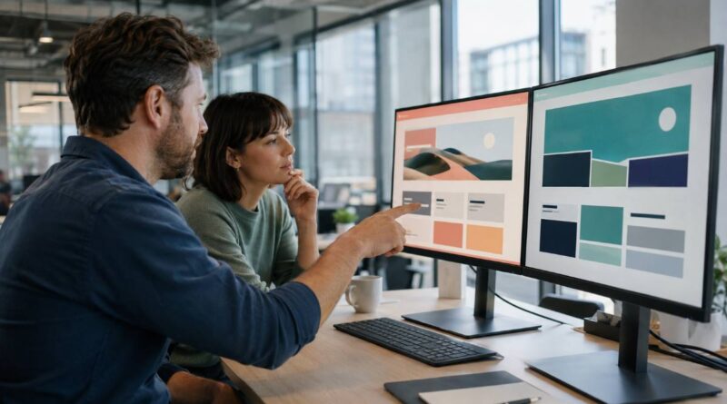 Developers comparing the best Elementor themes on dual monitors in an agency office