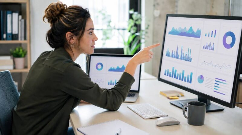 Marketer comparing the best SEO tools dashboards on a laptop and monitor