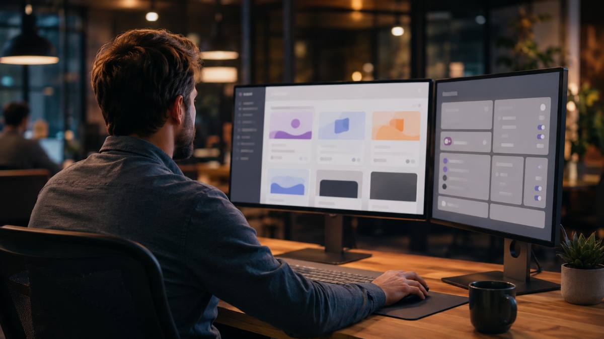 Man comparing the best WordPress plugins on two monitors in a coworking space