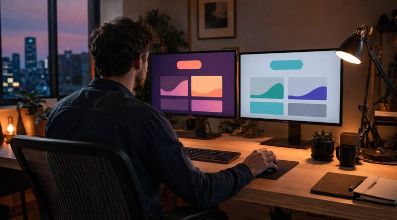 Man comparing hosting plans on two monitors for a Bluehost review