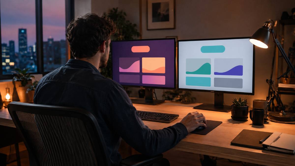 Man comparing hosting plans on two monitors for a Bluehost review