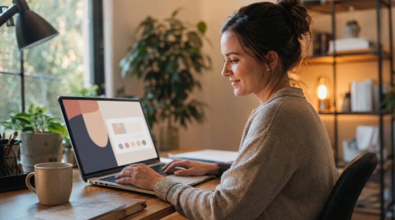 Woman setting up a website for a Bluehost review in a home office