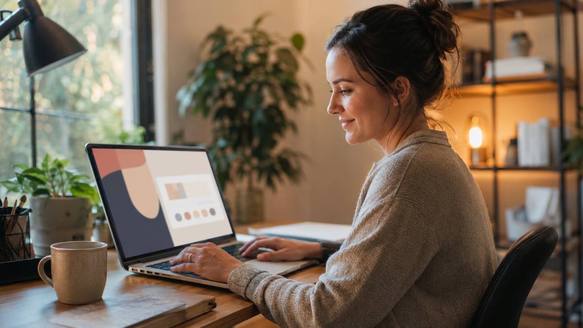 Woman setting up a website for a Bluehost review in a home office
