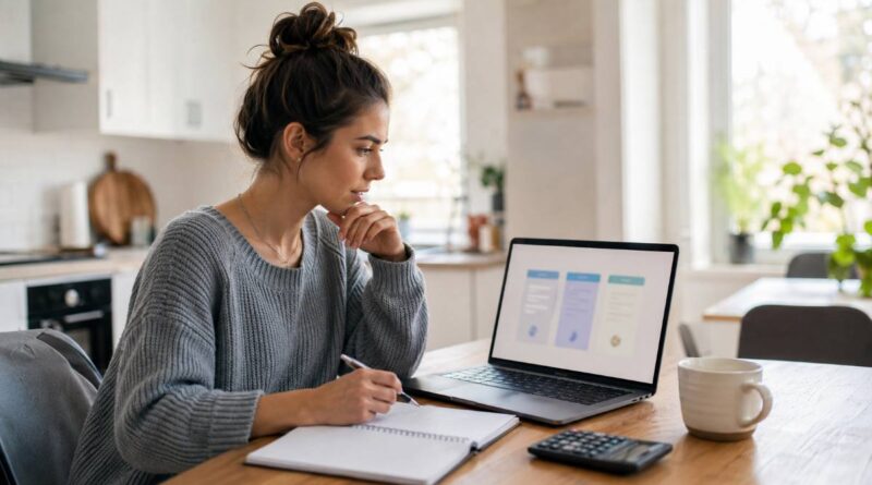 Woman comparing Hostinger pricing plans on a laptop at her kitchen table