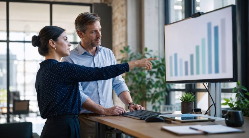 Two colleagues discussing Hostinger pricing and hosting budget at a startup office