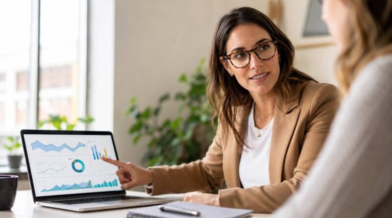 Marketing professional reviewing Google Search Console performance data on a laptop